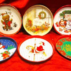 VTG SET OF 6 METAL HOLIDAY TRAYS, VERY FESTIVE & DECORATIVE